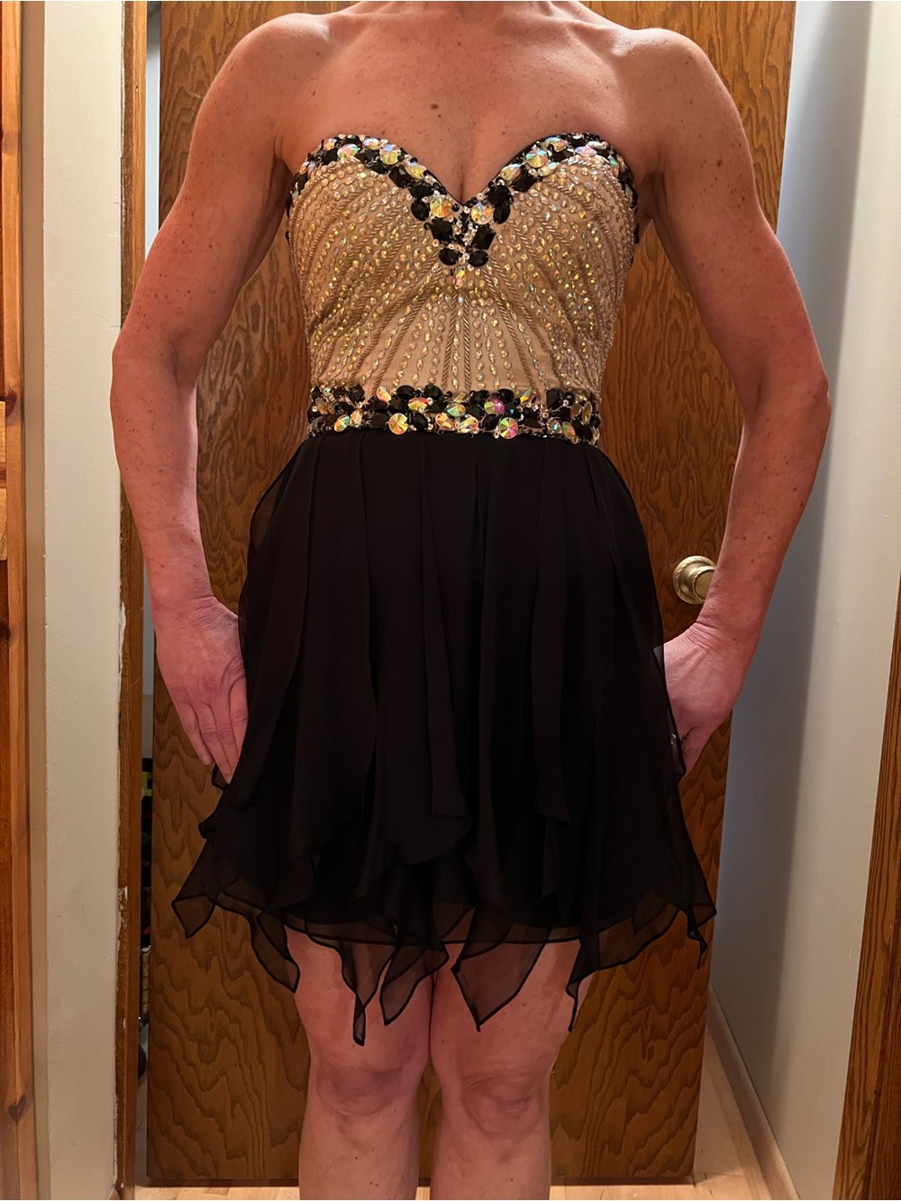 Sherri Hill Strapless Black and Champagne Beaded Cocktail Dress